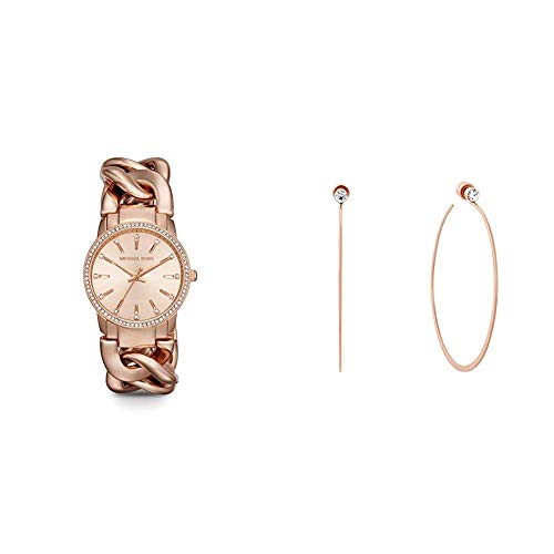 Michael Kors Women's Lady Nini Chain Watch, 3 Hand Quartz Movement with Crystal Bezel with Michael Kor's Women's Stainless Steel Hoop Earrings