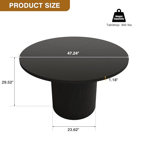 Image of QHITTY Fluted Round Dining Table, 47-inch Wood Kitchen Table for 4, Farmhouse Circle Tabl with Strip Base for Kitchen, Living Room, Black