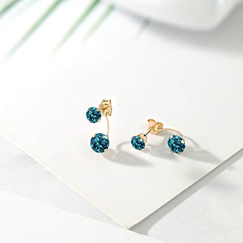 Gem Stone King 14K Yellow Gold London Blue Topaz Dual Drop 2 Stone Round Earrings for Women (3.60 Cttw, Gemstone Birthstone, Round 6MM and 5MM)4