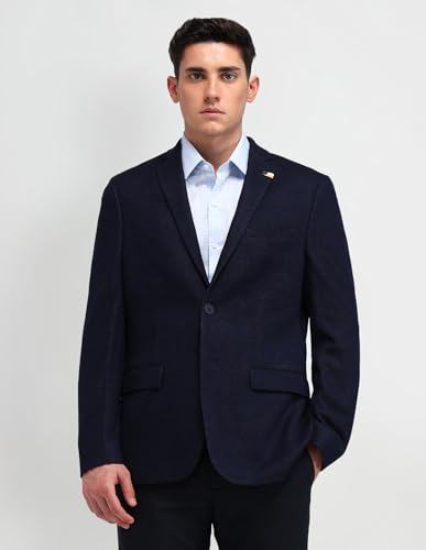 Image of Arrow Mens Blue Self-Design Notch Collar Long Sleeve Formal Polyester Slim Fit Blazer