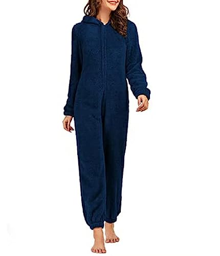 SPSHODOW Grenouillère Adulte Femme - Pyjama en Peluche Avec Fermeture Éclair - Chaud et Moelleux à Manches Longues - Vêtement de Nuit à Capuche, Qx-Bleu...