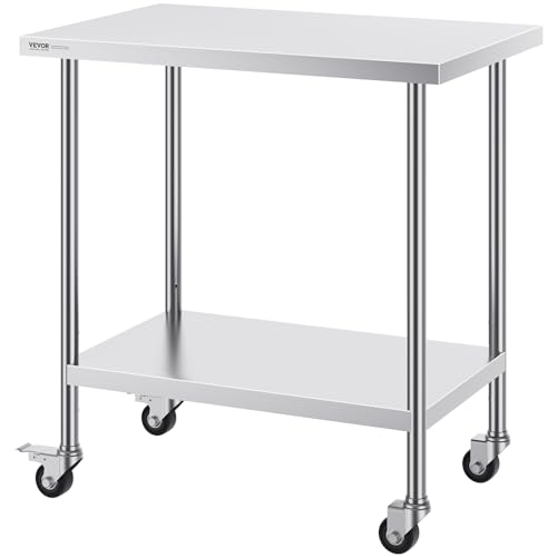 VEVOR Table de Travail Inox 61 x 91,4 x 95,5 cm, Table de Préparation des Aliments avec 4 Roulettes, 3 Niveaux de Hauteur Réglables, Meuble de Rangement Durable pour Cuisine Restaurant Maison, Argenté – vue 9