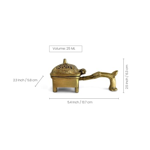 Image of ExclusiveLane 'Divine Aroma' Brass Incense Burner with Handle (100% Pure Brass, 6.3 Cm, 0.45 Kg, Hand-Etched) | Sambrani Holder Loban Dani Dhoop Holder Dhoop Dani Loban Burner