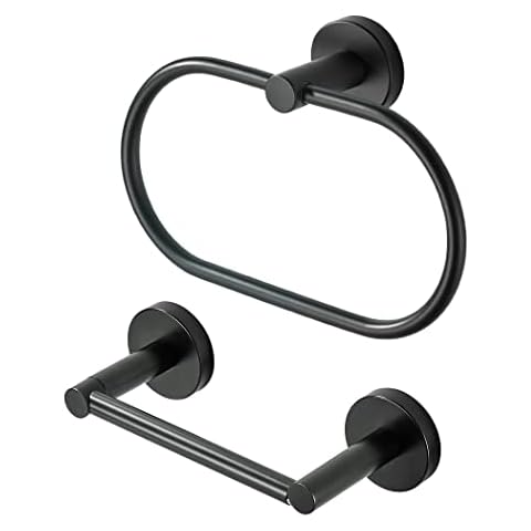 Black Toilet Paper Holder Hand Towel Ring, Bathroom Matte Toilet Paper Roll Holder Oval Towel Holder Wall Mount,2 Pieces Stainless Steel Bathroom Accessories. Cover