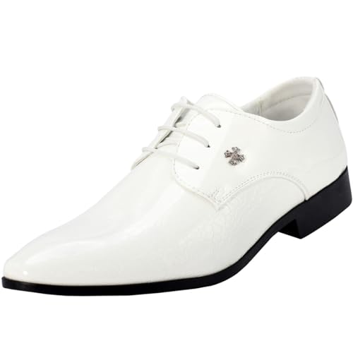 zpllstratos Chaussures de Ville à Lacets Derbys Oxford Cuir Vernis Homme Bout Pointu Chaussures Mariage Business Costume(Blanche,44 EU)