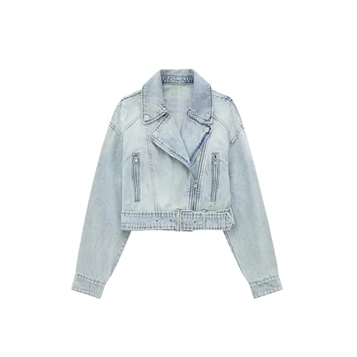 Women's Fashion Biker Denim Jacket Short Vintage Lapel Long Sleeve Zipper Belt Jean Coat
