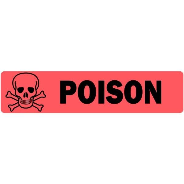 LabelValue.com | Poison with Cross Skull Image - 0.375” x 1.625” Veterinary Labels/Stickers, [500 Labels/1 Roll], Bright Red with Black Text - Warning Stickers