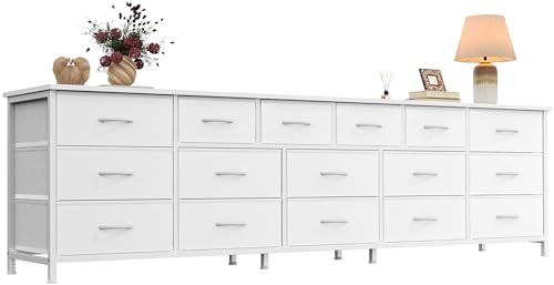 Huuger 77.6 Long Dresser for Bedroom 16 Drawer Fabric Dresser for Closet Wide Chest of Drawers with Storage TV Stand for 65 75 85 Inch TV 77.6 W x 13 D x 26.4 H White