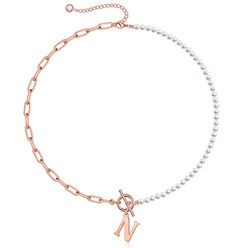 Yoosteel Pearl Initial Necklace for Women, Dainty Pearl Chain Choker Initial Necklaces for Women Toggle Clasp Paperclip Link Chain Necklace Jewelry Gifts