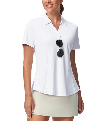 Casei Womens Golf Polo Shirt with Sunglass Loop No-Tuck Peplum Tennis Pickleball Top V-Neck UPF 50+ White-L