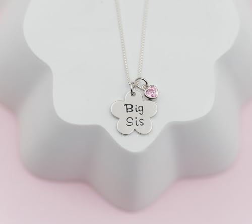 Cherished Moments Girl's "Big Sis" or "Lil Sis" Flower Necklace with Pink CZ Heart Charm, 14"3