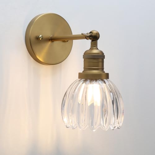 Image of Vintage Brass Wall Sconce, Adjustable Wall Light with Clear Ribbed Tulip Glass Shade, Hardwired E26 Wall Lamp, Industrial Antique Wall Lighting Fixture for Bathroom Vanity Bedroom Hallway Kitchen