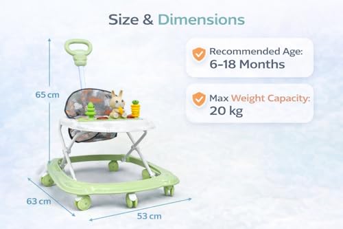 Image of Baby Activity Walker with Push Handle & Toy Tray | Adjustable Height, 360 Wheels, Cushioned Seat | Baby Walker for 6-18 Months (Rabbit Green)