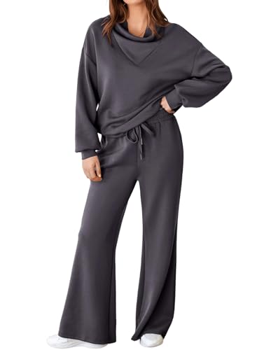 Image of Aleumdr Women's 2 Piece Outfits Lounge Set Mock Neck Long Sleeve Sweatshirt With Wide Leg Pants Sweatsuit Fall 2025