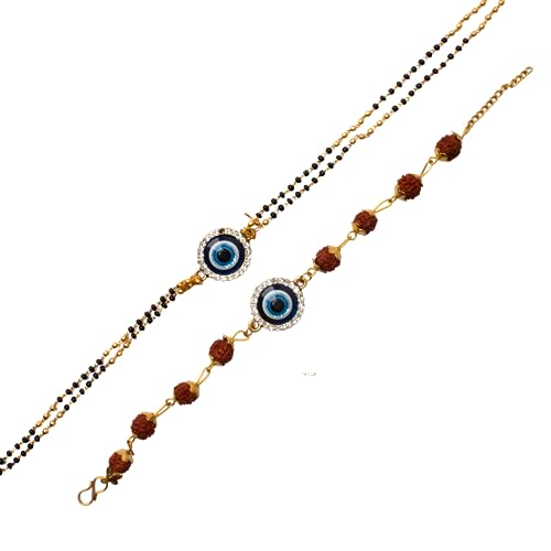 Image of SAUDEEP INDIA Evil Eye Stone-Rudraksh Rakhi /Bracelet Set for Bhaiya-Bhabhi Couple Evil Eye Bracelet Set RakshaBandhan Gift