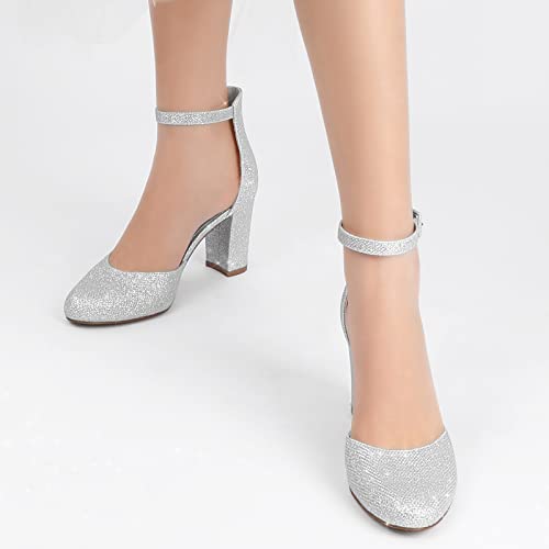 Image of Ankis Silver Glitter 3 Inch Block Heel Pumps for Women - Comfortable Closed Toe Chunky Heels, Perfect for Wedding & Formal Occasions