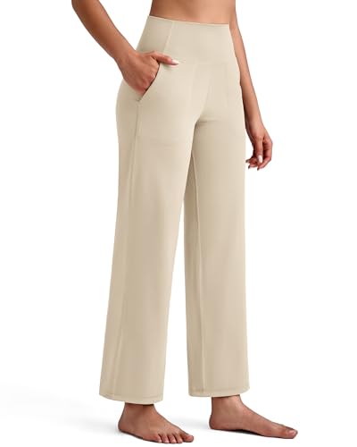 G4Free Wide Leg Yoga Pants for Women,Soft Comfortable High Waisted Ankle Length Loose Workout Walking Trousers(Light Khaki,XS,27'')