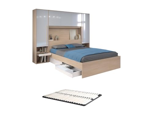 Vente-unique - Lit Pont 160 x 200 cm avec rangements - avec LEDs - Coloris : Naturel et Blanc Brillant + Sommier - VELONA