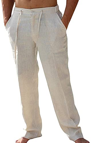 Gemijacka Pantalones largos de lino para hombre, con bolsillos laterales, corte holgado, pantalones de verano con perneras anchas, beige, XXL Cover