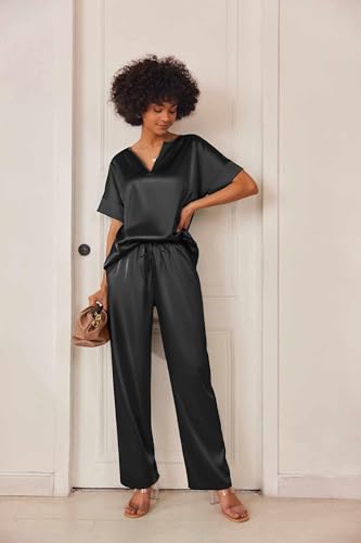 Ekouaer Satin Pajama Set Womens Silk Short Sleeve V Neck Shirt with Long Pant Soft Loungewear Pjs Set3