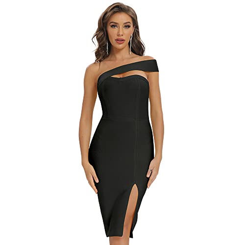 Image of Women's One Shoulder Bandage Dress for Women Wedding Guest Cocktail Party Midi Dress