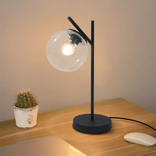 Image of Mid Century Table Lamp Vintage Bedroom Desk Lamp Black Nightstand Lamp Contemporary Clear Glass Globe Bedside Lamp for Office Study Room