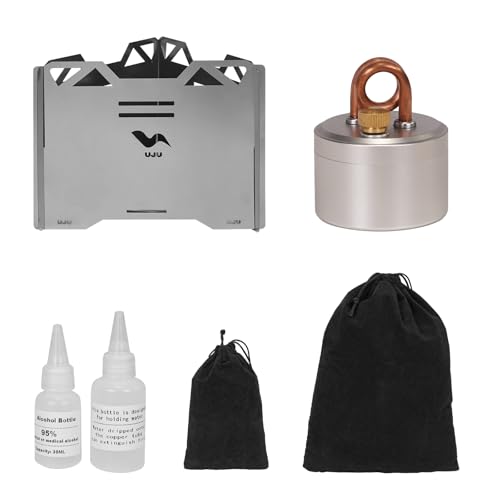 UJU Alcohol Camping Stove Set, Portable Flat Bottom Alcohol Burner, Wind-Resistant Outdoor Cooking Stove with Windscreen, Storage Bag & 2 Empty Bottles for Backpacking, Hiking & Camping, Silver