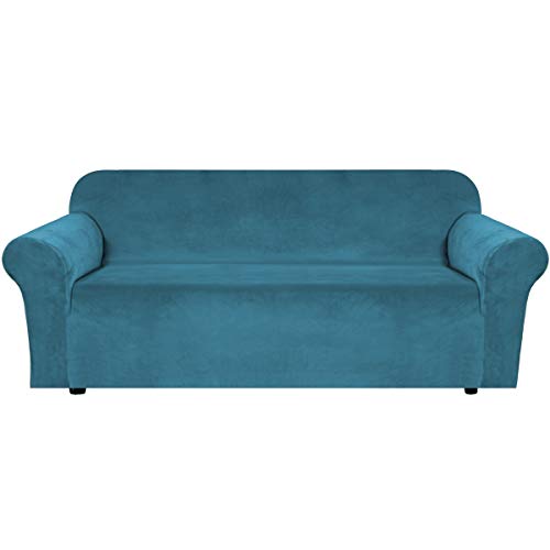 H.VERSAILTEX Stretch Velvet Sofa Covers for 3 Cushion Couch Covers Sofa Slipcovers Furniture Protector Soft with Non Slip Elastic Bottom, Crafted from Comfy Rich Velour (Sofa 72'-90', Peacock Blue)