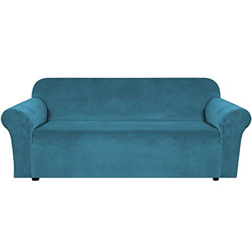 H.VERSAILTEX Stretch Velvet Sofa Covers for 3 Cushion Couch Covers Sofa Slipcovers with Non Slip Straps Underneath The Furniture, Crafted from Thick Comfy Rich Velour (Sofa 72"-96", Peacock Blue)