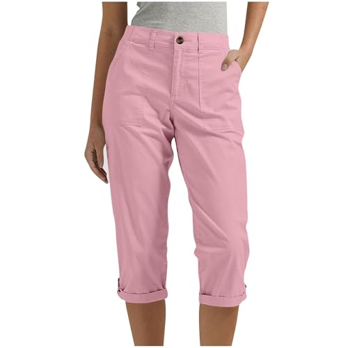 Women's Cropped Cargo Pants Summer Casual Elastic Waist Lightweight Stretch Rolled Hem Capris with Pockets Cargo Capris for Women Pink