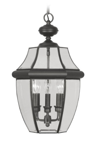 Livex Lighting 2355-04 Monterey 3 Light Outdoor Black Finish Solid Brass Hanging Lantern with Clear Beveled Glass