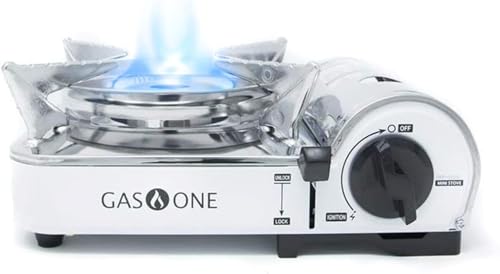 Gas One GS-800A Emergency Gear Camping Mini Butane Portable Gas Stove with Carrying Case, stainless steel, white