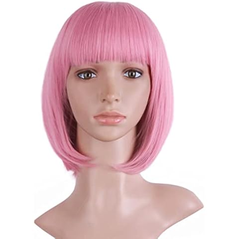 Short Straight Pink Bob Wigs for Women Girls Synthetic Hair Wig with Fringe Bangs Cosplay Party Costume Replacement Heat Resistant Wig Peach Pink Cover