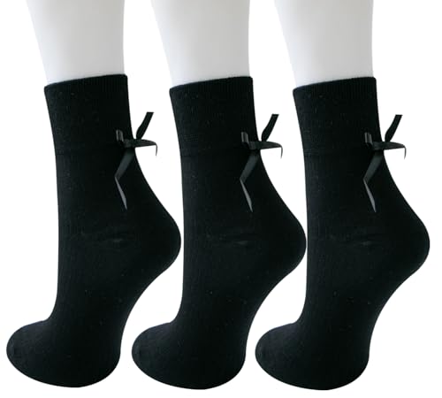 Image of Women's Bow Crew Socks - Cotton Sweet Lolita Dress Breathable Soft Girls' Socks - 3 Pairs