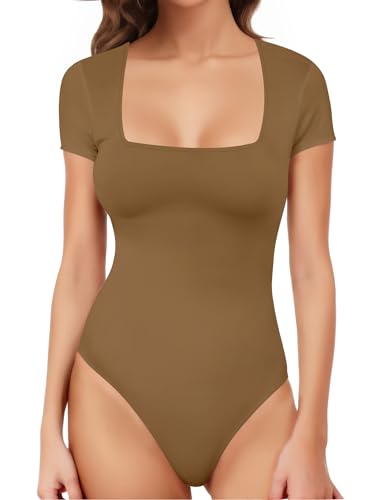 Body col carré femme manches courtes string sexy top moulant basique extensible