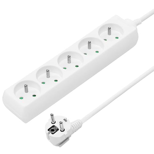 PremiumCord Multiprise 5m, 5 Prises, Rallonge 230V, 5 Prises Françaises Tournées à 45°, Multiprise de Qualité avec Sécurité Enfant, Couleur Blanc