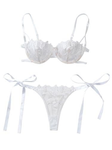 Image of Lilosy Sexy Tie Side Cute Underwire Push Up Strappy Embroidered Mesh Sheer Lingerie Set