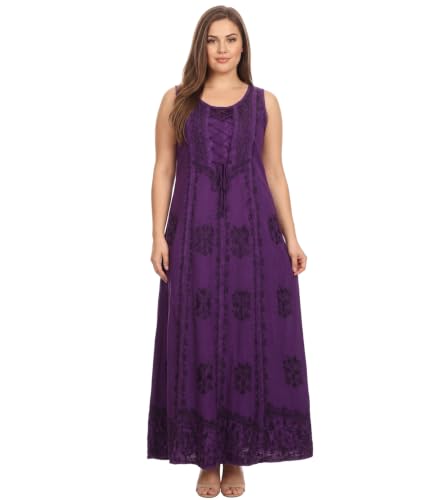 Image of Sakkas Stella Long Tank Top Adjustable Caftan Corset Dress with Embroidery