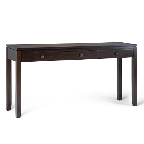 SIMPLIHOME Cosmopolitan Console Table - 60 Inch Wide Solid Wood Sofa Table in Mahogany Brown, Contemporary Storage Table for Entryway or Living Room with 3 Drawers, Square-Edged Top, and Tapered Legs