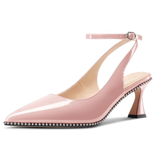 Image of NobleOnly Womens Slingback Heels Beaded Pumps Ankle Strap Pointed Toe Kitten Heels Dress Shoes 2.6 Inches