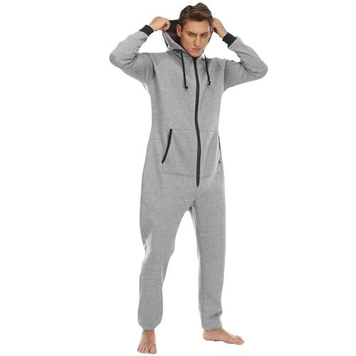Men's Hooded Onesie Pajama Soft Lightweight Full Zipper Fall Long Sleeve Jumpsuits One Piece Loungewear w/Pockets4