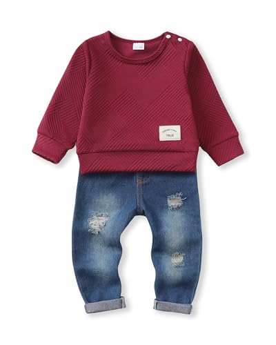 Image of NZRVAWS Toddler Baby Boy Clothes Pullover Sweater Ripped Jean Sweatsuit Little Boy Outfit Fall Winter Clothing Set 6M-7T