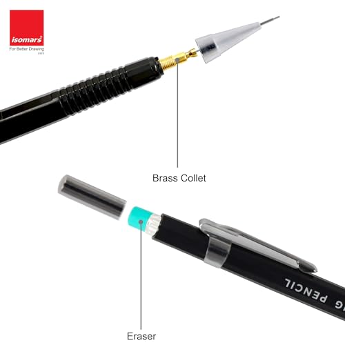 Image of Isomars Draftex Mechanical Pencil 0.3mm (2B) Black with 10 Extra Leads & Eraser | Drafting Pencil for Technical Drawing, Sketching, Engineering, Architecture & Writing