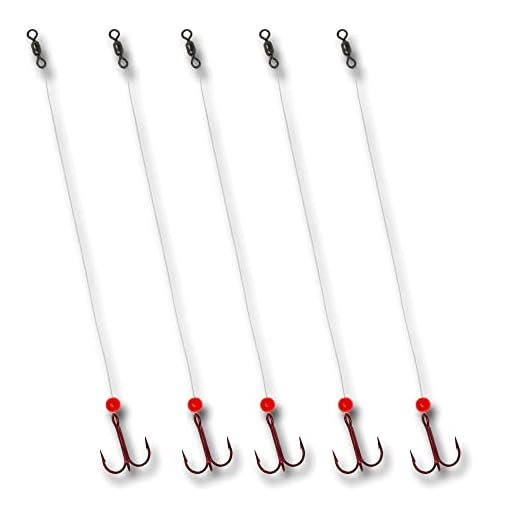 Tooth Shield Tackle Ice Fishing Fluorocarbon Walleye Tip Up Leader/Rig (15 lb) Ice Fishing Walleye Predator Rig (5 Pack) [Red Bead] (#8)