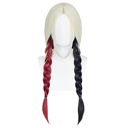 Jodiss Red and Black Wig - Long Curly Ponytail Wig for Women - Halloween Costume Party Cosplay