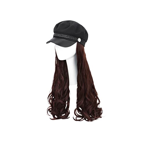 Postiche longue bouclée châtain clair avec bonnet chapeau marin de grande taille