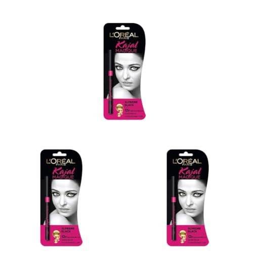 Image of L'Oreal Paris Kajal, Waterproof Eyeliner, 14 Hours of Smudge-Proof Wear, With Vitamin E, Cocoa Butter, Olive Oil Esters and Vitamin C, Magique, Colour: Supreme Black. 0.35g (Pack of 3)