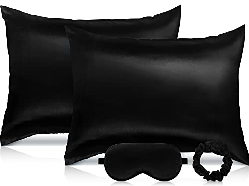 2 Pack Satin Pillowcase with Hidden Zipper, Adjustable Satin Eye Mask for Sleeping and Satin Volume Scrunchie for Hair and Skin, Standard Size (Classic Style, Black)