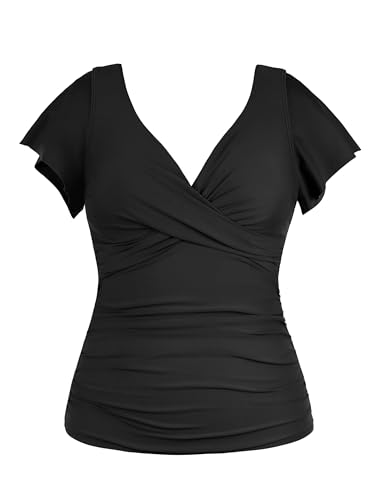 Hilor Women's Underwire Tankini Top Tummy Control Bathing Suits Short Sleeve Tankini Swimsuit Tops Only