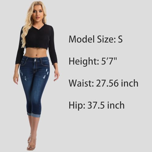 Women's Capri Pants Skinny Stretchy Ripped High Waisted Cuffed Denim Jeans3